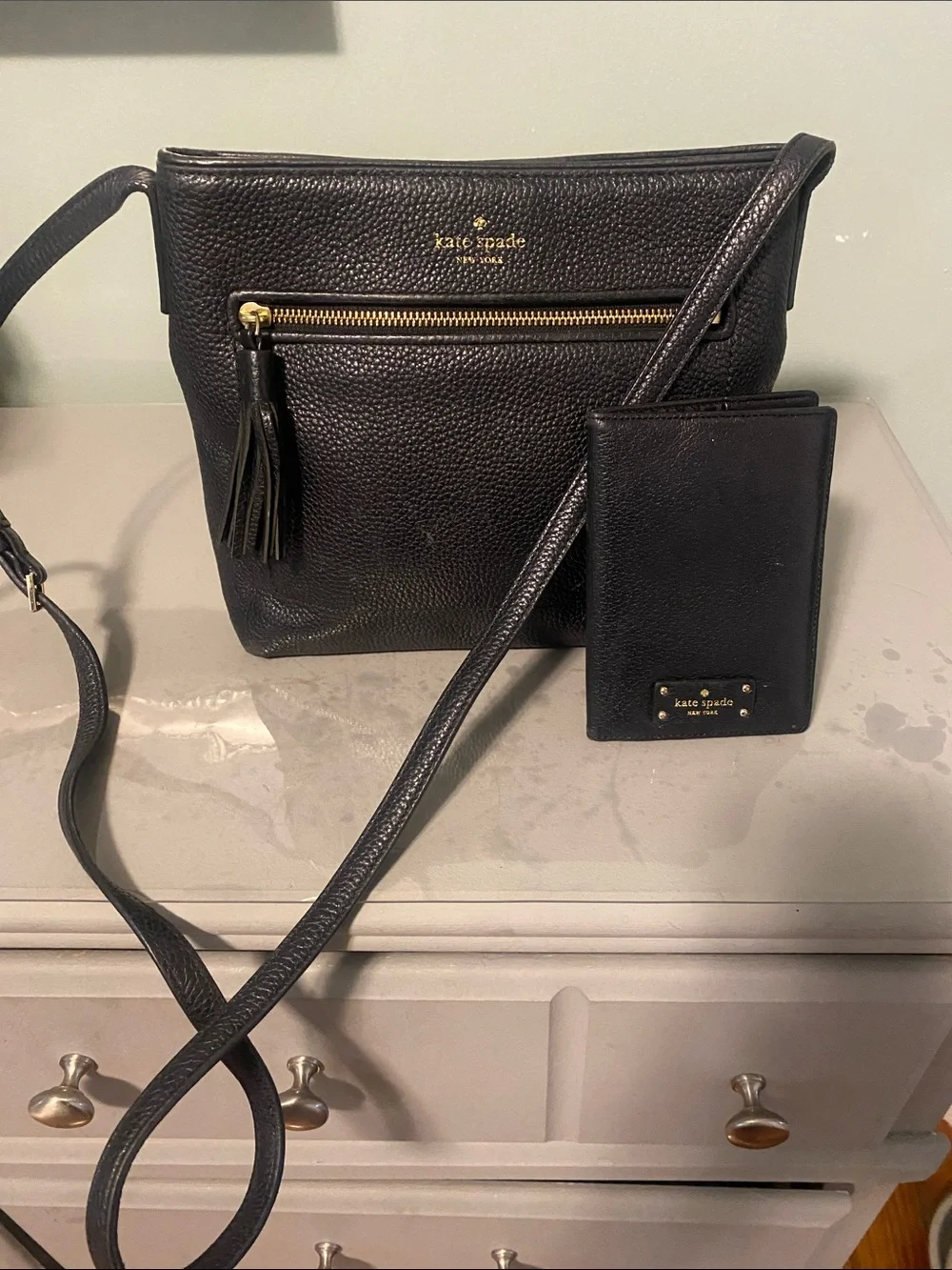 kate spade Black Pebbled Leather Crossbody with Tassel and Card Holder